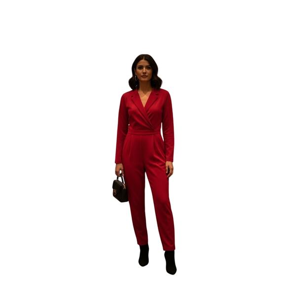 RE:NAMED Womens Red Jumpsuit V-Neck Long Sleeve Tie Waist Dress XS - Picture 1 of 4